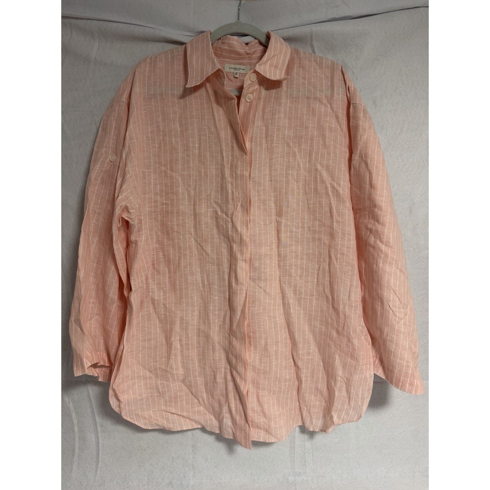Lafayette 148 New York, 100% Linen Striped Button Down/Roll Tab Tunic, Peach, L